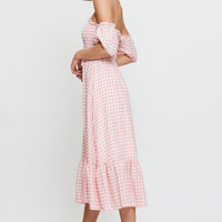 Check Midi Dress Off Shoulder Short Sleeve