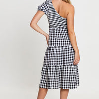 Check Midi Dress One Shoulder Short Sleeve