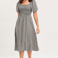 Check Midi Dress Short Sleeve Square Neck