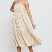 Check Midi Dress Sleeveless Tie Shoulder