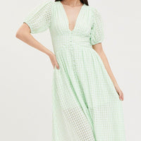 Check Puff Sleeve Midi Dress