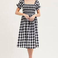 Check Shirred Dress Short Sleeve Midi