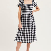 Check Shirred Dress Short Sleeve Midi