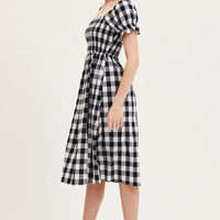 Check Shirred Dress Short Sleeve Midi