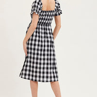 Check Shirred Dress Short Sleeve Midi