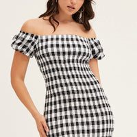 Check Shirred Midi Dress