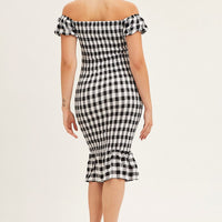 Check Shirred Midi Dress