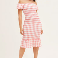 Check Shirred Midi Dress