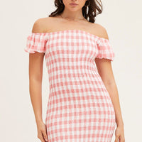 Check Shirred Midi Dress