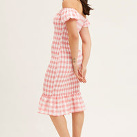 Check Shirred Midi Dress