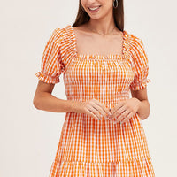 Check Short Sleeve Shirred Midi Dress