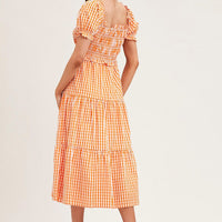 Check Short Sleeve Shirred Midi Dress