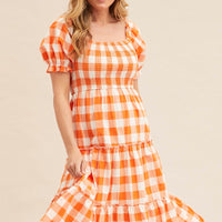 Check Short Sleeve Shirred Midi Dress