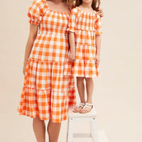 Check Short Sleeve Shirred Midi Dress