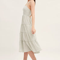 Check Sleeveless Backless Tiered Midi Dress