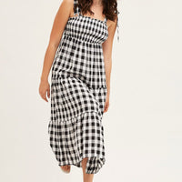 Check Tied Shoulder Midi Dress
