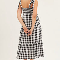 Check Tied Shoulder Midi Dress