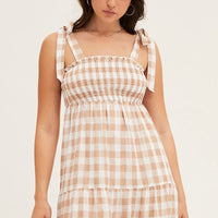 Check Tied Shoulder Midi Dress
