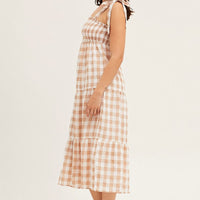 Check Tied Shoulder Midi Dress