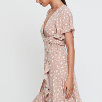 Geo Print Wrap Dress Short Sleeve Ruffle Hem