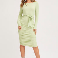 Green Bodycon Dress Long Sleeve Midi Ruched