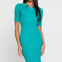 Green Dress Short Sleeve Midi Collared Knit