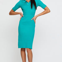 Green Dress Short Sleeve Midi Collared Knit