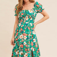 Green Floral Short Puff Sleeve Midi Slit Dress