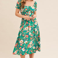 Green Floral Short Puff Sleeve Midi Slit Dress