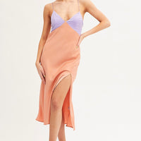 Multi Slip Dress Midi V Neck Colour Block Satin