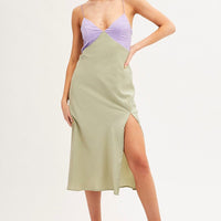 Multi Slip Dress Midi V Neck Colour Block Satin