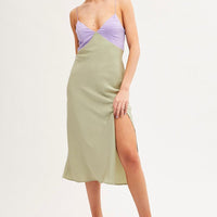Multi Slip Dress Midi V Neck Colour Block Satin