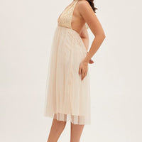 Beige Midi Dress Backless V Neck Lace