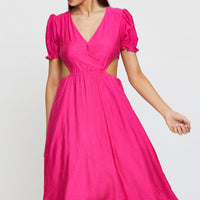 Pink Midi Dress Short Sleeve V Neck