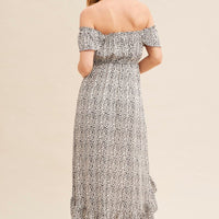 Print Midi Dress Short Sleeve Shirred Off Shoulder