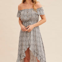 Print Midi Dress Short Sleeve Shirred Off Shoulder
