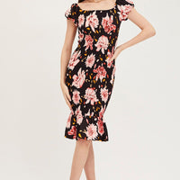 Print Shirred Midi Dress