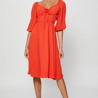Red Midi Dress Short Sleeve Sweetheart Neckline