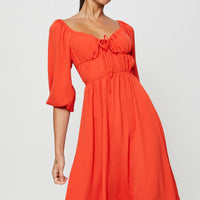 Red Midi Dress Short Sleeve Sweetheart Neckline