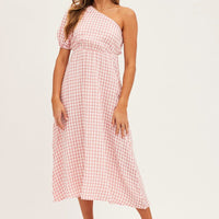 Stripe Check One Shoulder Midi Dress