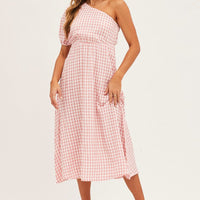Stripe Check One Shoulder Midi Dress