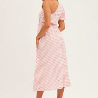 Stripe Check One Shoulder Midi Dress