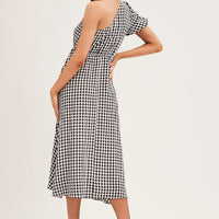 Stripe Check One Shoulder Midi Dress