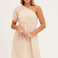 Stripe Check One Shoulder Midi Dress