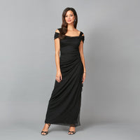 Petite Cold Shoulder Mesh Gown with Cowl Neckline & Overlay Skirt