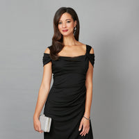 Petite Cold Shoulder Mesh Gown with Cowl Neckline & Overlay Skirt