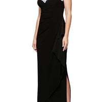 Petite - Matte Jersey Cap Sleeve Gown with Embroidered, Embellished Illusion Neckline