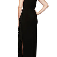 Petite - Matte Jersey Cap Sleeve Gown with Embroidered, Embellished Illusion Neckline