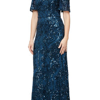 Petite Caroline Flutter Sleeve Sequin Gown