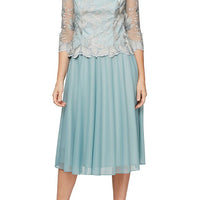 Petite Embroidered Tulle Dress with Illusion Sleeves & Scallop Trim